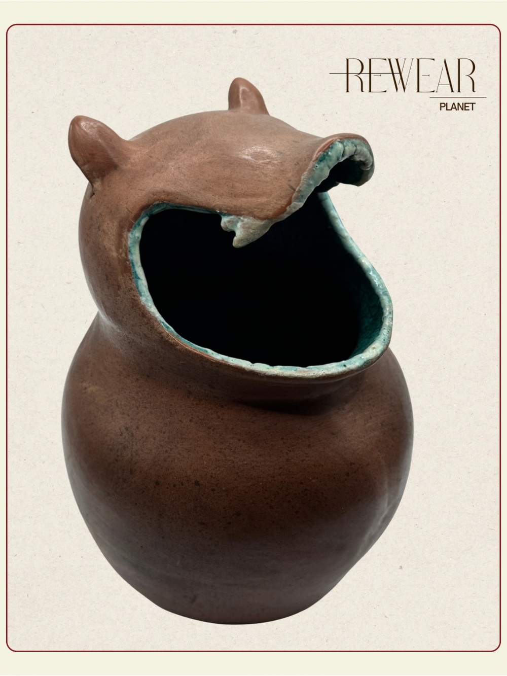 Vintage Handmade Studio Pottery Hippo Vase Planter Brown Turquoise Ceramic Art